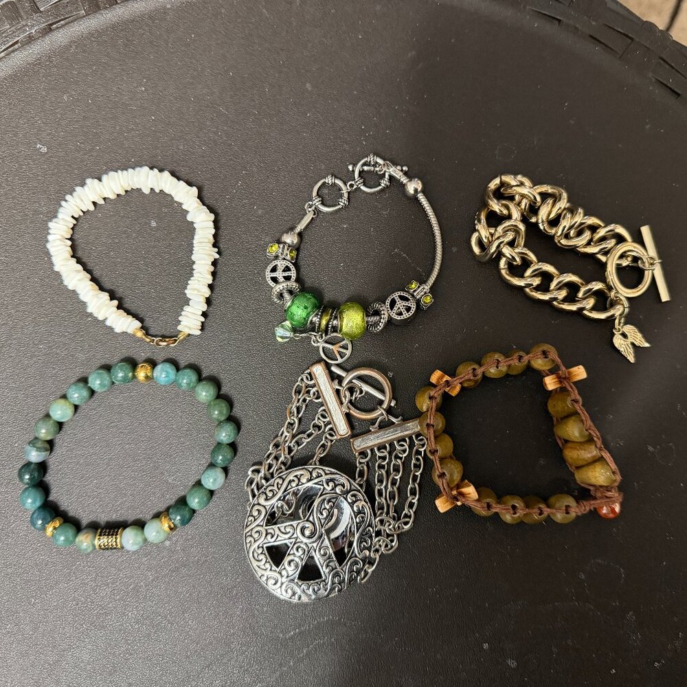 Silver and Green Charm Bracelet Set